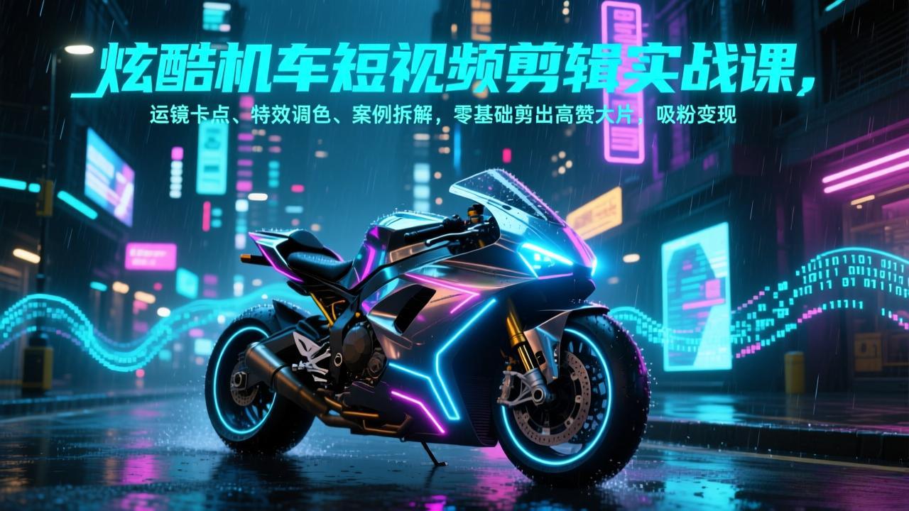 炫酷机车短视频剪辑实战课，运镜卡点、特效调色、案例拆解，零基础剪出高赞大片，吸粉变现-轻资本网