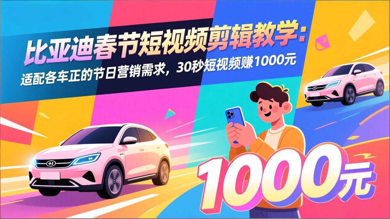 比亚迪春节短视频剪辑教学：适配各车企的节日营销需求，30秒短视频赚1000元-轻资本网