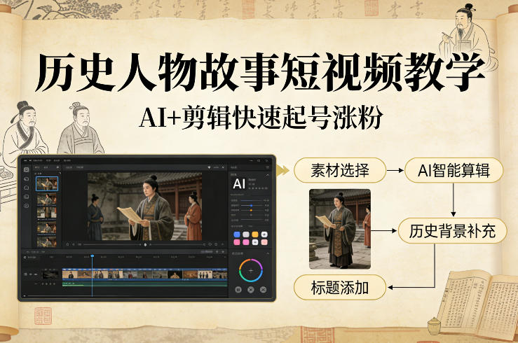 历史人物故事短视频教学，AI+剪辑制作历史人物题材短视频，快速起号涨粉-轻资本网