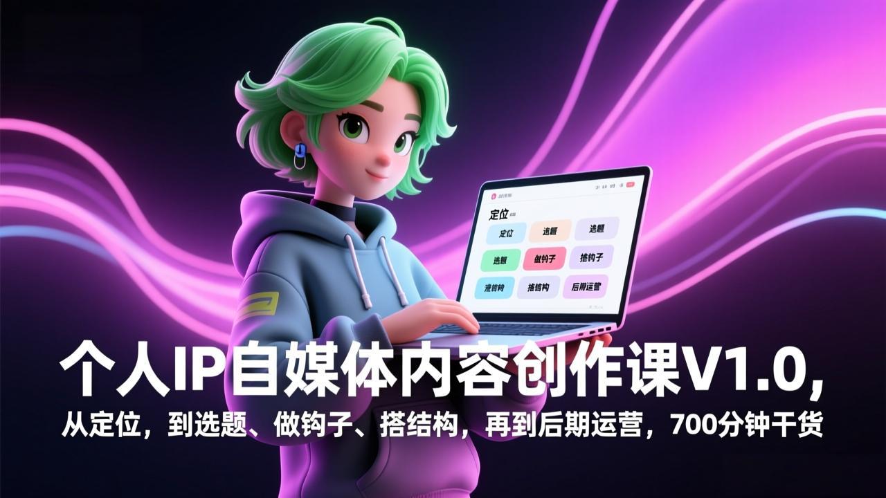 个人IP自媒体内容创作课V1.0，从定位，到选题、做钩子、搭结构，再到后期运营，700分钟干货-轻资本网