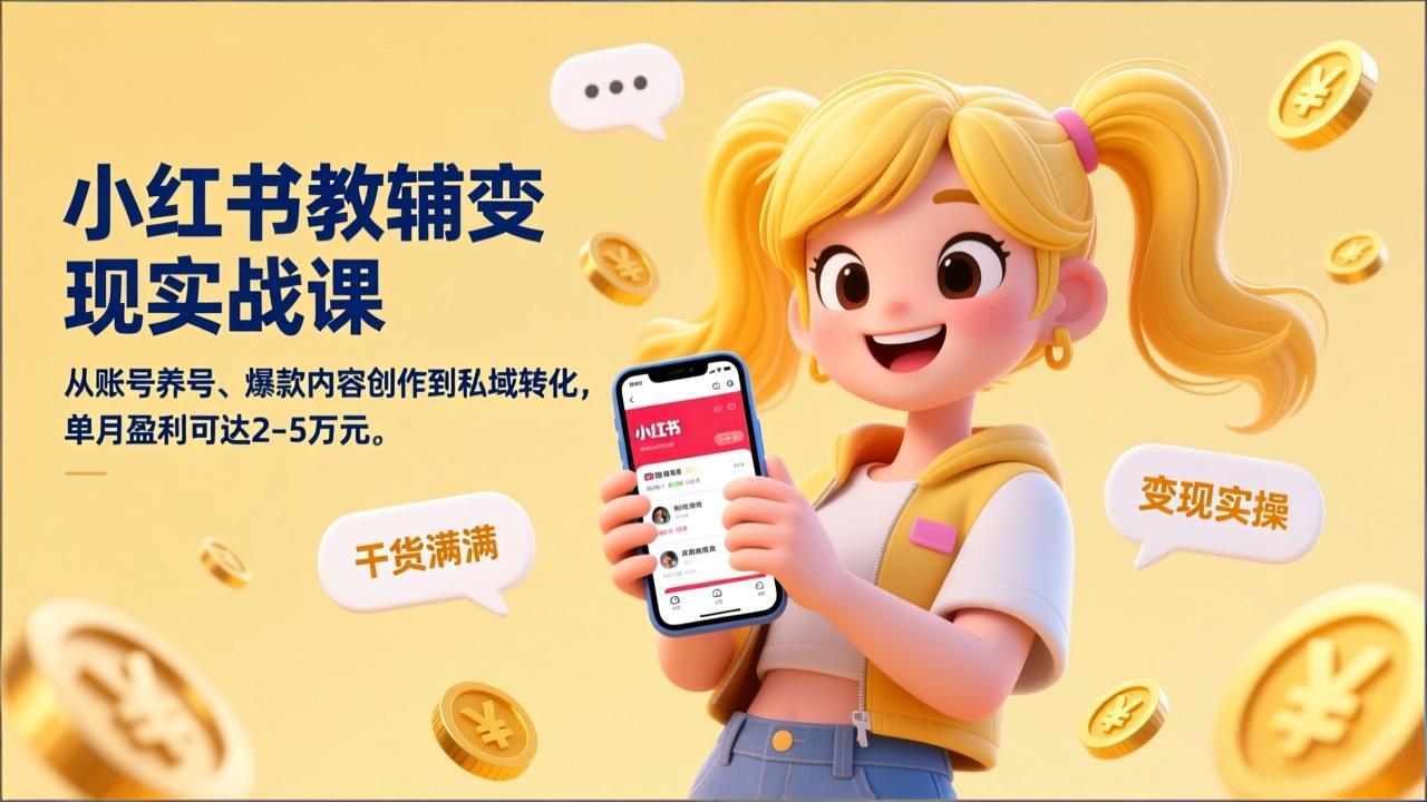小红书教辅变现实战课，从账号养号、爆款内容创作到私域转化，单月盈利可达2-5万元-轻资本网