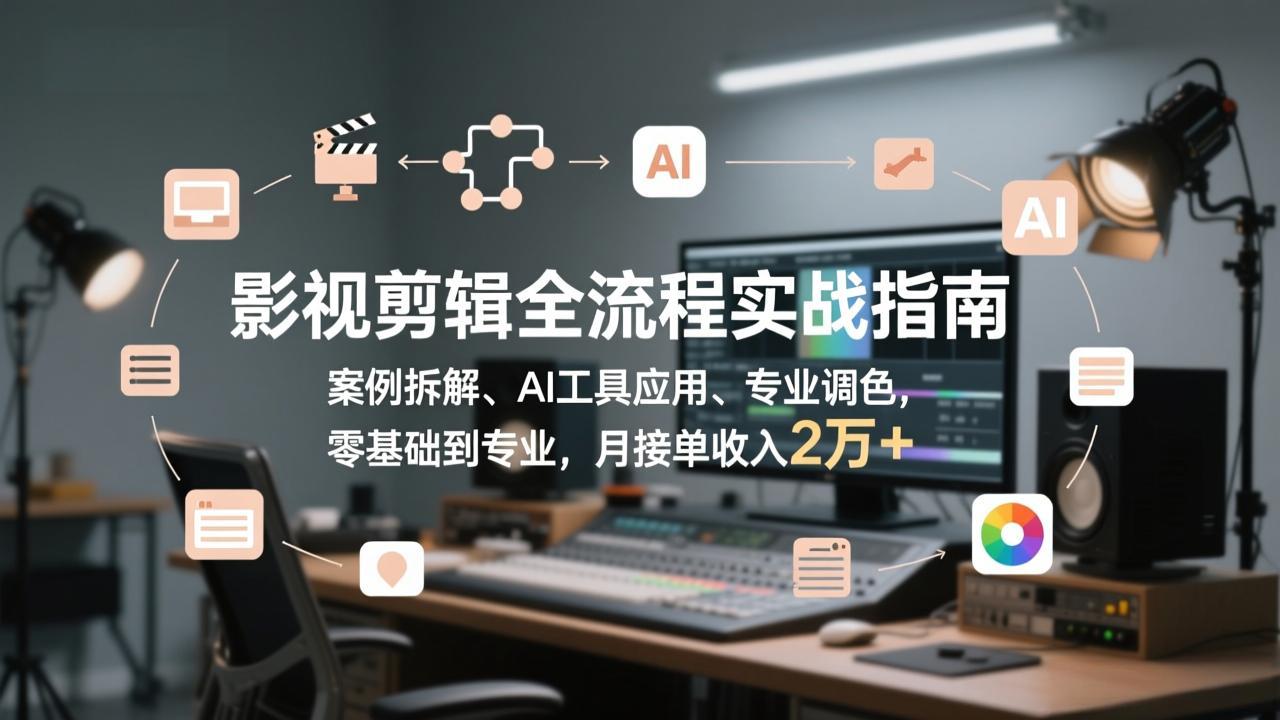 影视剪辑全流程实战指南，案例拆解、AI工具应用、专业调色，零基础到专业，月接单收入2万+-轻资本网