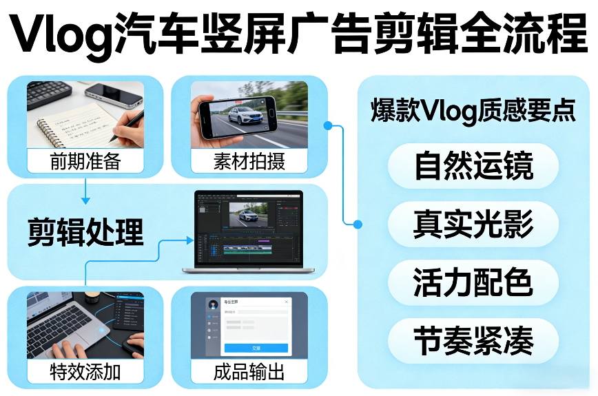 Vlog感觉汽车竖屏广告剪辑脚本全流程，拿捏爆款Vlog质感-轻资本网