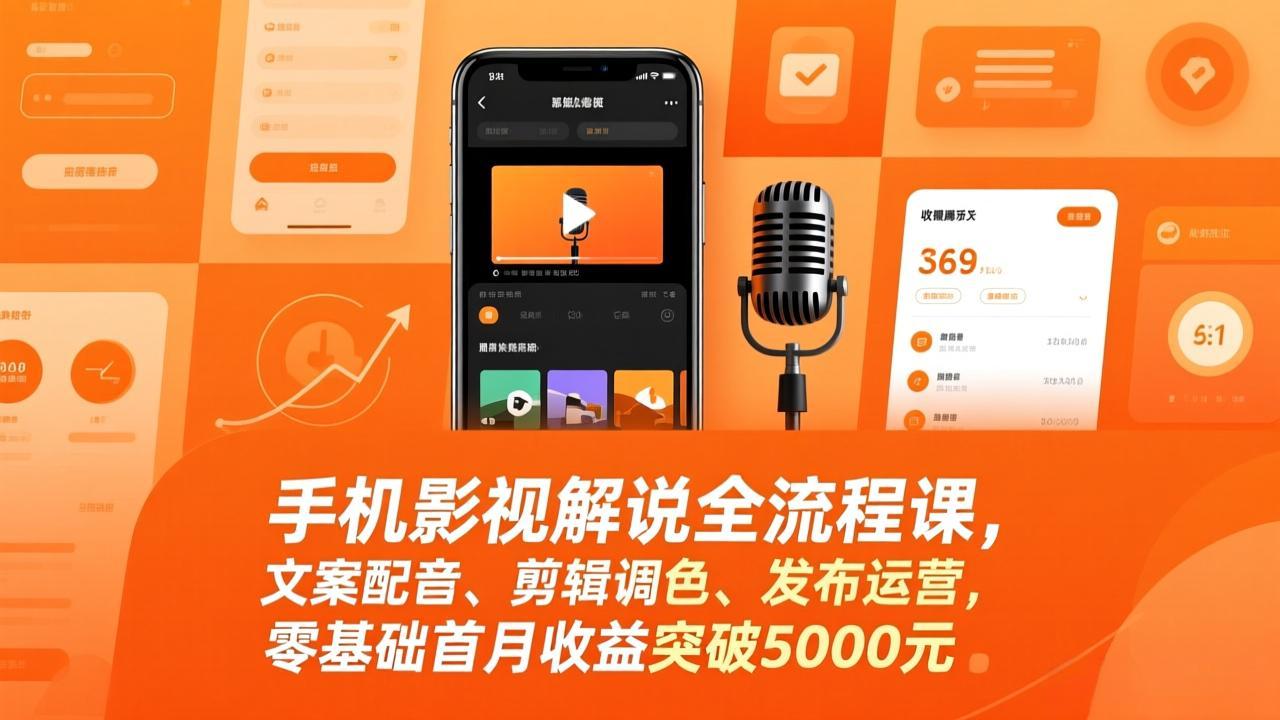 手机影视解说全流程课，文案配音、剪辑调色、发布运营，零基础首月收益突破5000元-轻资本网
