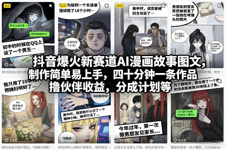 抖音爆火新赛道AI漫画故事图文，制作简单易上手，四十分钟一条作品，撸伙伴收益，分成计划等-轻资本网