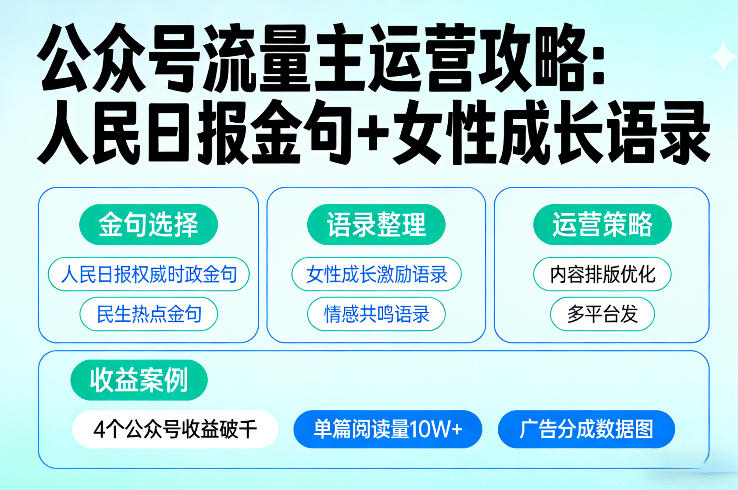 利用人民日报金句+女性成长语录做公众号流量主，4个公众号收益破千-轻资本网