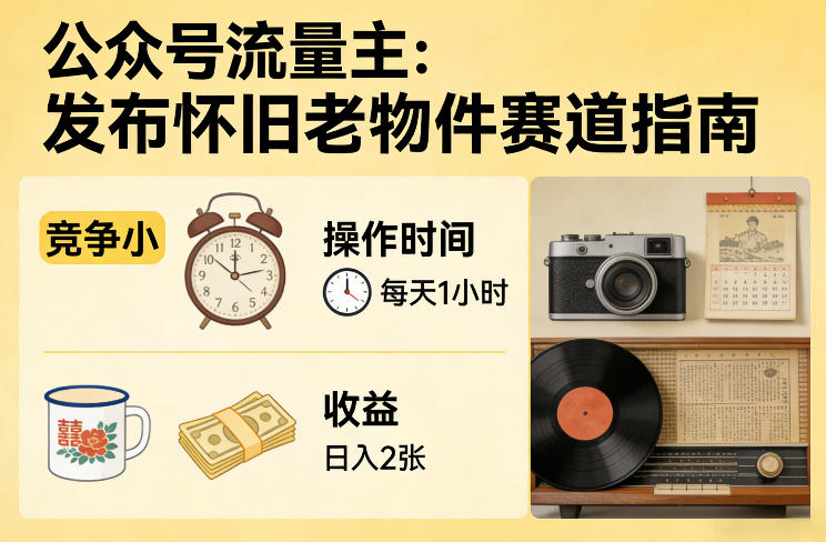 公众号流量主之发布怀旧老物件赛道，竞争小，每天操作1小时，日入2张-轻资本网