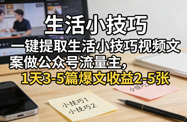 一键提取生活小技巧视频文案做公众号流量主，1天3-5篇爆文收益2-5张-轻资本网