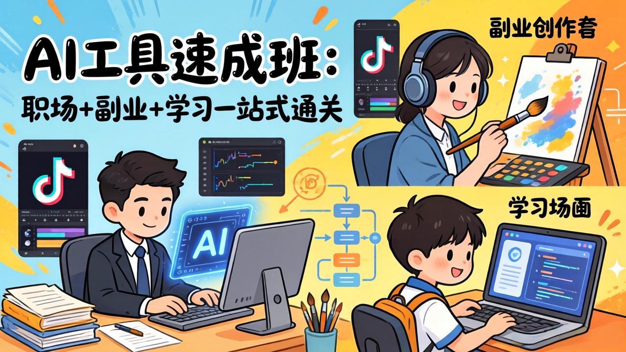 AI工具速成班：职场+副业+学习一站式通关，20+爆款类型+剪映技巧+抖音算法，0基础快速上手-轻资本网