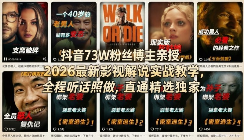 抖音73W粉丝博主亲授，2026最新影视解说实战教学，全程听话照做，直通精选独家-轻资本网