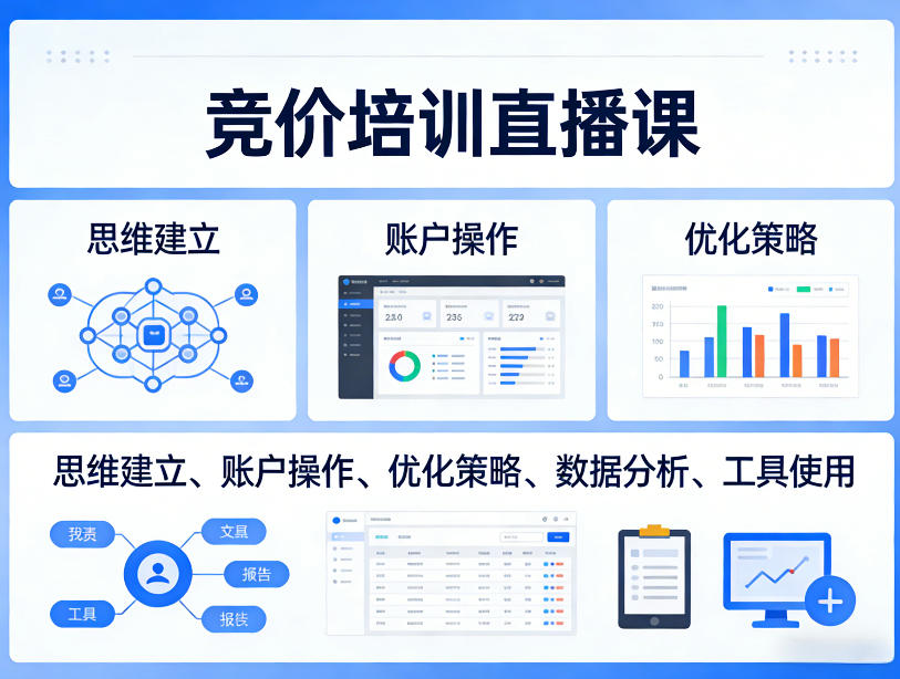 竞价培训直播课，覆盖思维建立、账户操作、优化策略、数据分析、工具使用等，全方位提升效果-轻资本网