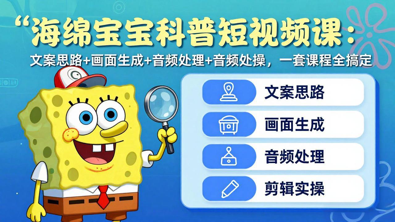 海绵宝宝科普短视频课：文案思路+画面生成+音频处理+剪辑实操，一套课程全搞定-轻资本网