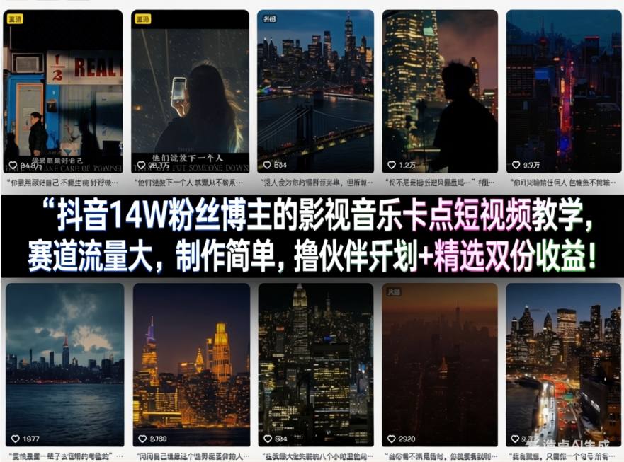 抖音14W粉丝博主的影视音乐卡点短视频教学，赛道流量大，制作简单，撸伙伴计划+精选双份收益！-轻资本网