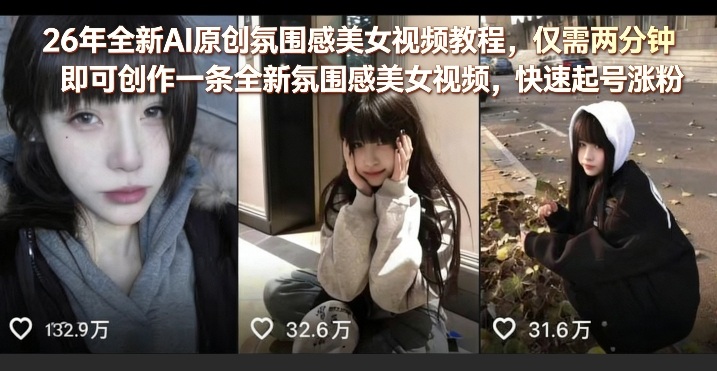 26年全新AI原创氛围感美女视频教程，仅需两分钟即可创作一条全新氛围感美女视频，快速起号涨粉-轻资本网
