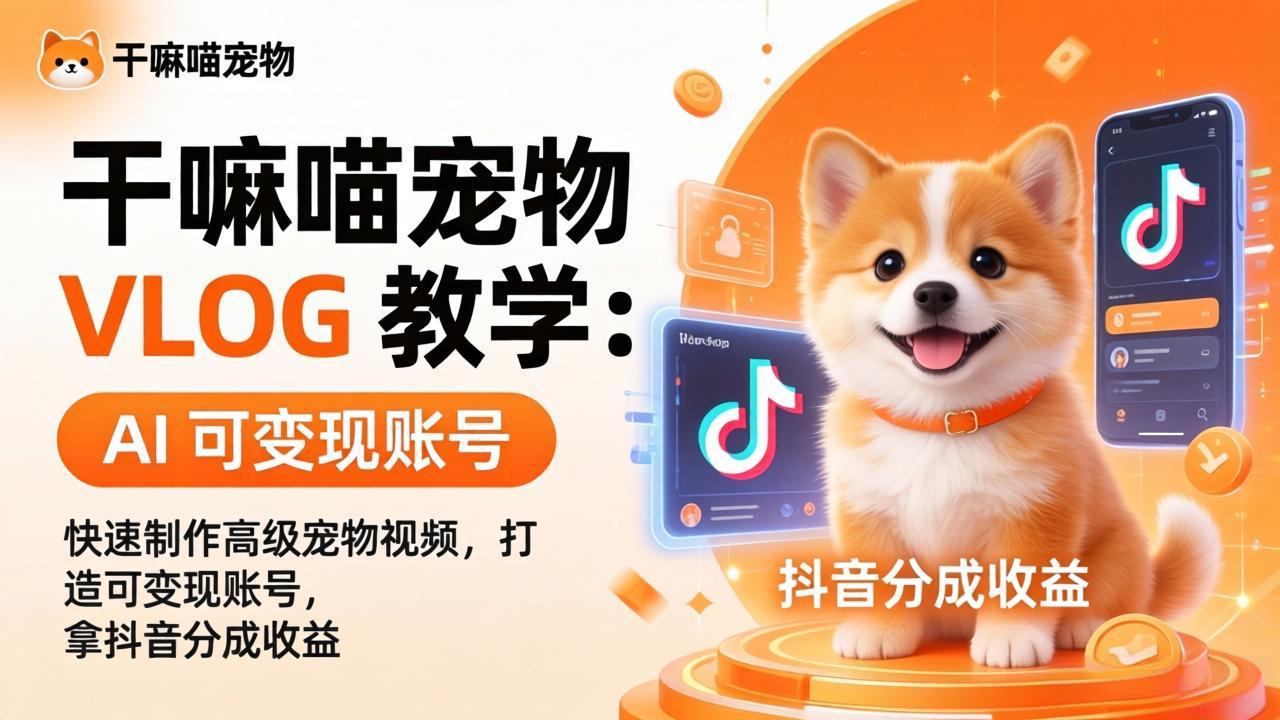 干嘛喵宠物 VLOG 教学：AI 快速制作高级宠物视频，打造可变现账号，拿抖音分成收益-轻资本网