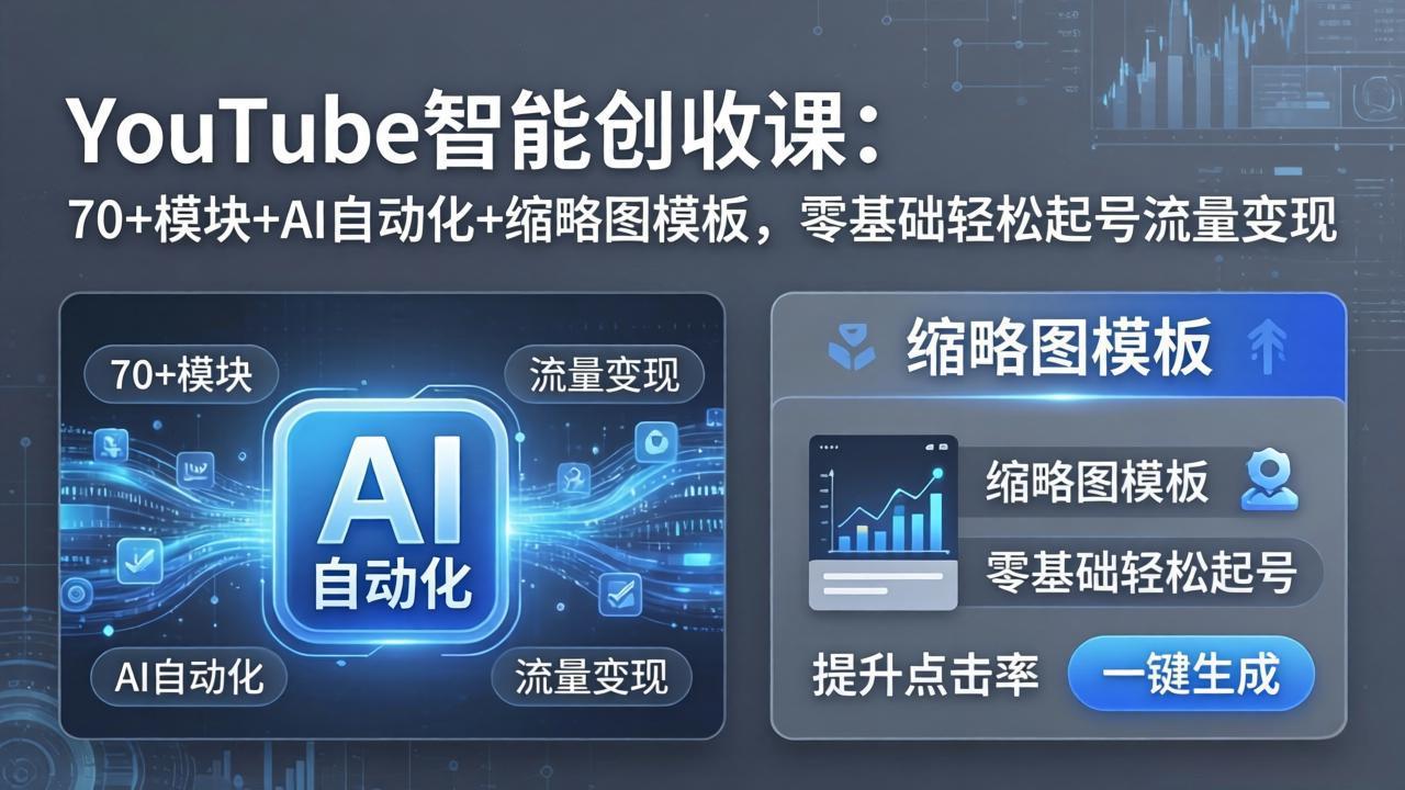 YouTube智能创收课：70+模块+AI自动化+缩略图模板，零基础轻松起号流量变现-轻资本网