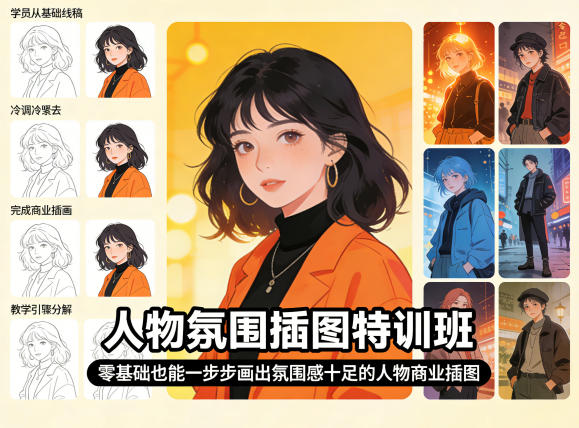 人物氛围插图特训班，零基础也能一步步画出氛围感十足的人物商业插图-轻资本网