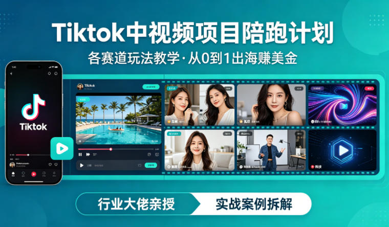某大佬的Tiktok中视频项目陪跑，涵盖TK各个赛道玩法教学，从0到1出海賺美金-轻资本网
