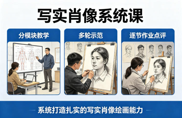 写实肖像系统课，全程分模块教学+多轮示范+逐节作业点评，系统打造扎实的写实肖像绘画能力-轻资本网