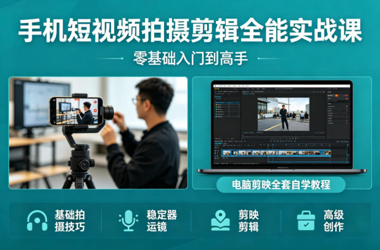 手机短视频拍摄剪辑全能实战课：零基础入门到高手，稳定器运镜+电脑剪映全套自学教程-轻资本网