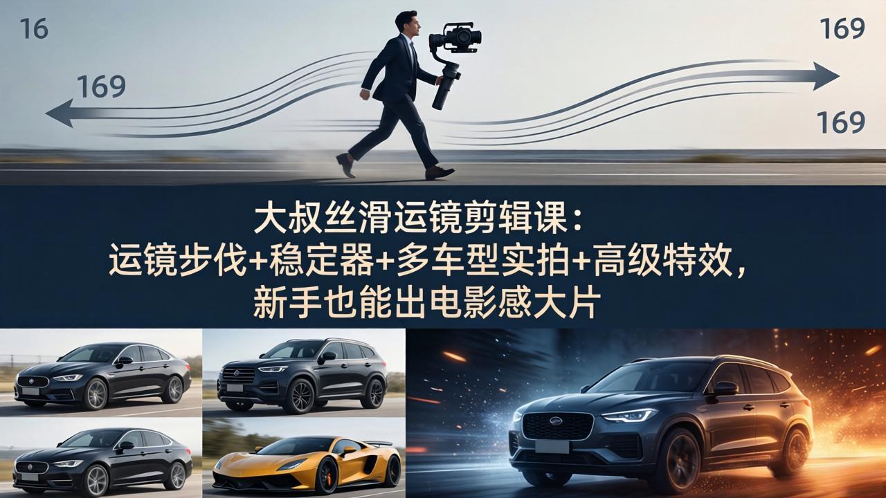 大叔丝滑运镜剪辑课：运镜步伐+稳定器+多车型实拍+高级特效，新手也能出电影感大片-轻资本网