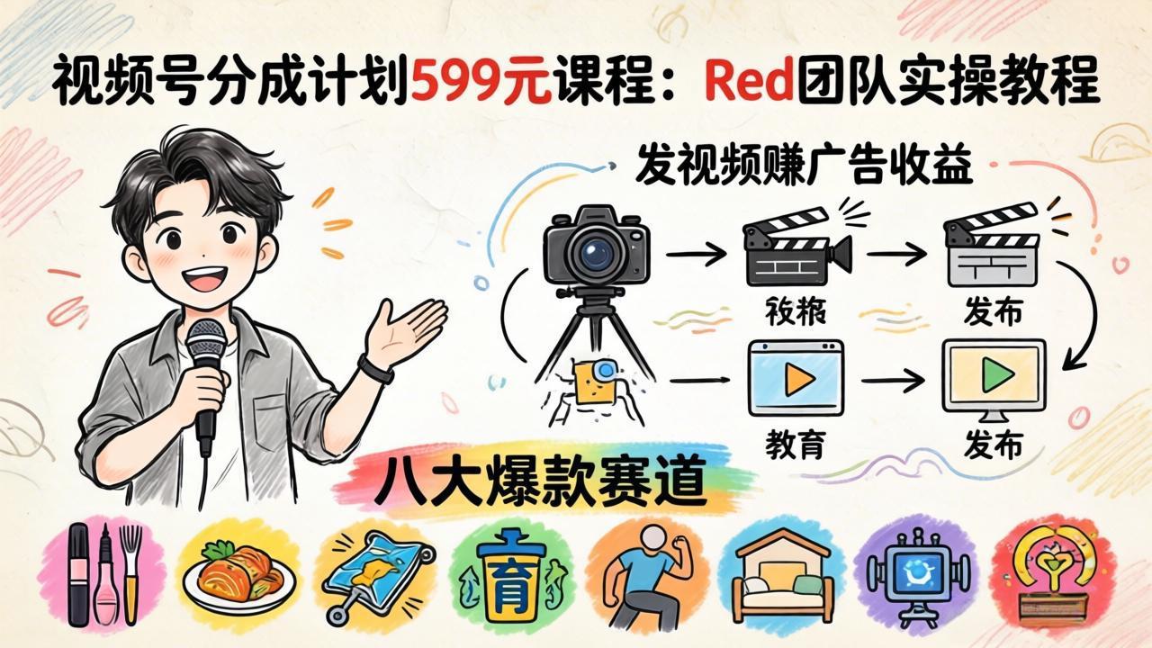 视频号分成计划599元课程：Red团队实操教程，发视频赚广告收益，八大爆款赛道全掌握-轻资本网