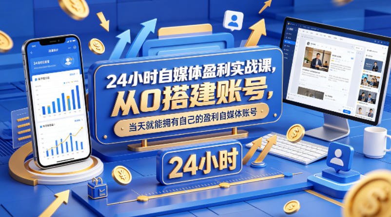 24小时自媒体盈利实战课，从0搭建账号，当天就能拥有自己的盈利自媒体账号-轻资本网
