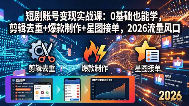 短剧账号变现实战课：0基础也能学，剪辑去重+爆款制作+星图接单，2026流量风口-轻资本网