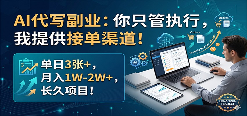 AI代写副业：你只管执行，我提供接单渠道！单日3张+，月入1W-2W+，长久项目-轻资本网