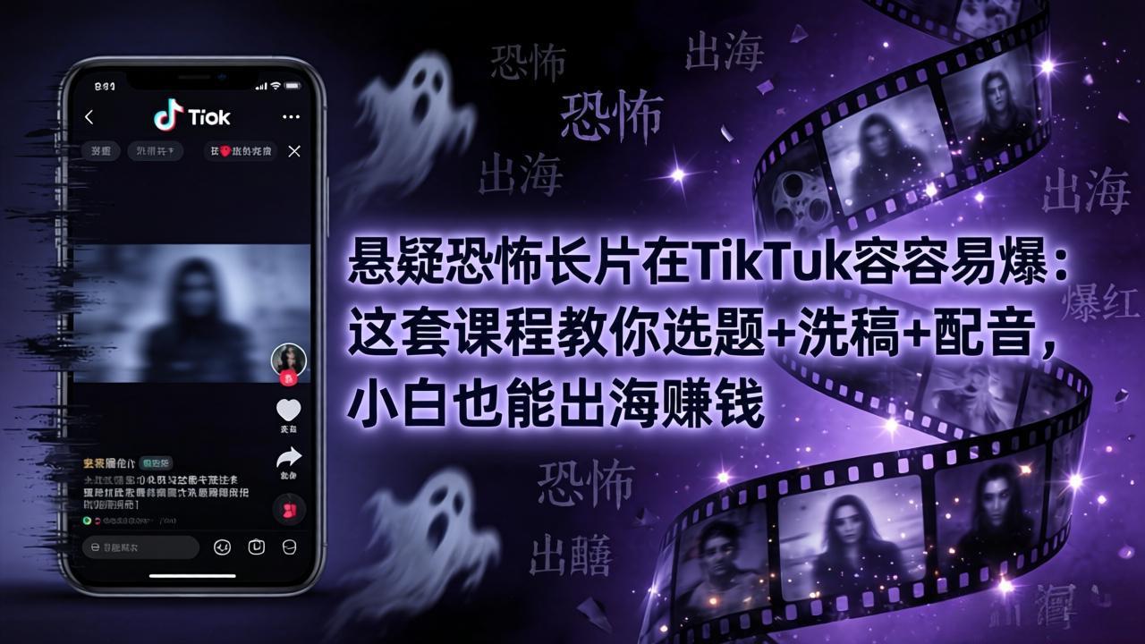 悬疑恐怖长片在TikTok最容易爆：这套课程教你选题+洗稿+配音，小白也能出海赚钱-轻资本网