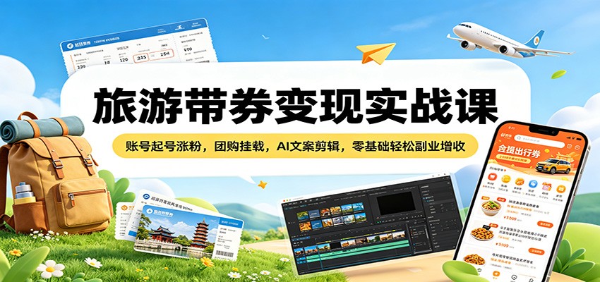 旅游带券变现实战课：账号起号涨粉，团购挂载，AI文案剪辑，零基础轻松副业增收-轻资本网