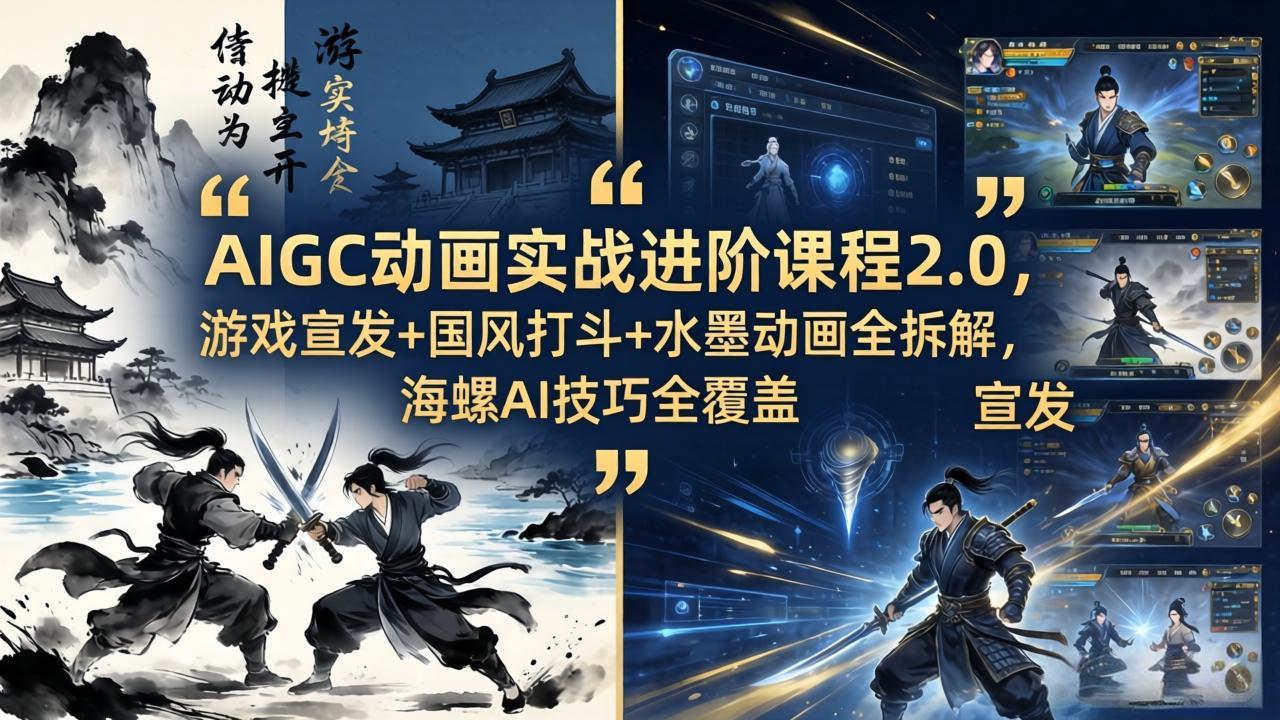 AIGC动画实战进阶课程2.0，游戏宣发+国风打斗+水墨动画全拆解，海螺AI技巧全覆盖-轻资本网