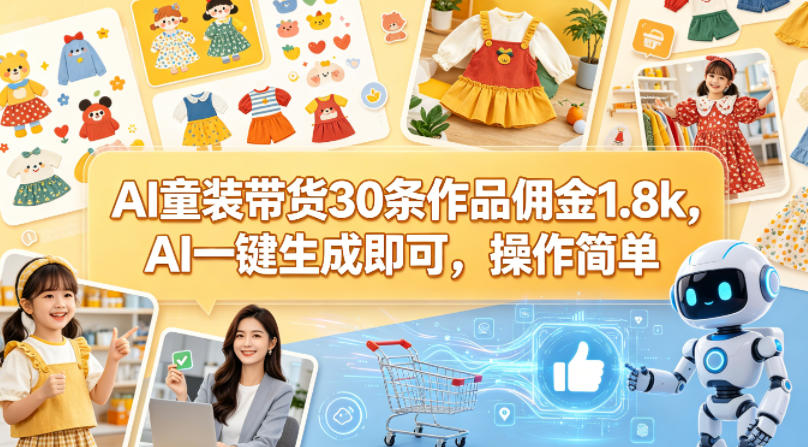 AI童装带货30条作品佣金1.8k，AI一键生成即可，操作简单-轻资本网