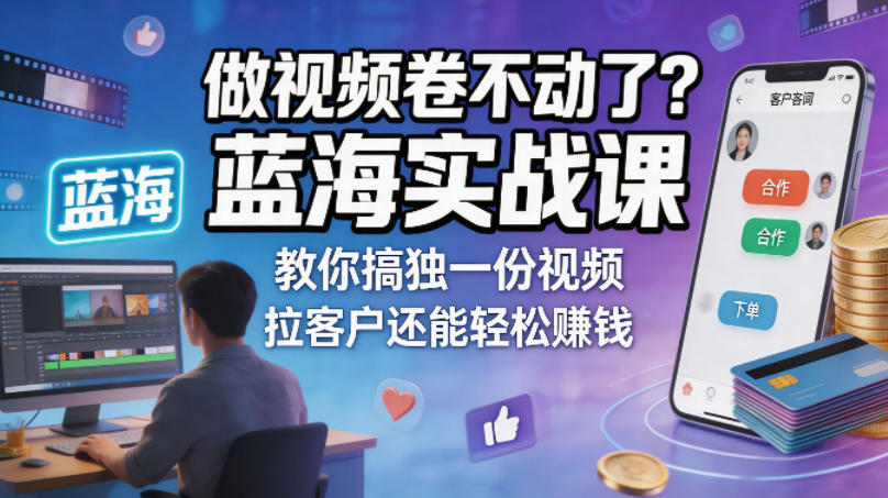 做视频卷不动了？蓝海实战课教你搞独一份视频，拉客户还能轻松賺钱！【原创双语字幕】-轻资本网