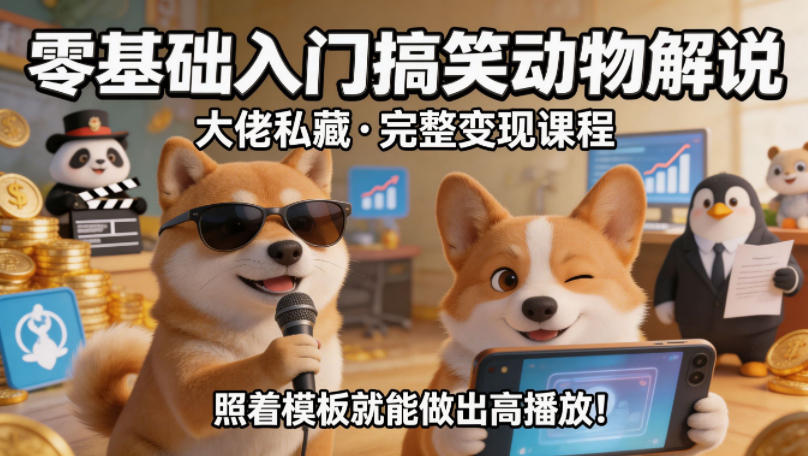 零基础入门搞笑动物解说，大佬私藏完整变现课程，照着模板就能做出高播放-轻资本网