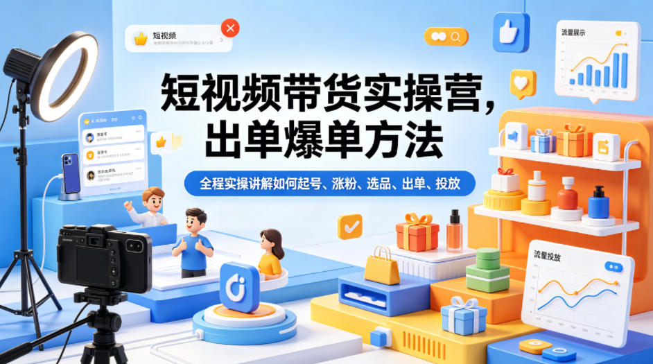 短视频带货实操营，出单爆单方法，全程实操讲解如何起号、涨粉、选品、出单、投放-轻资本网