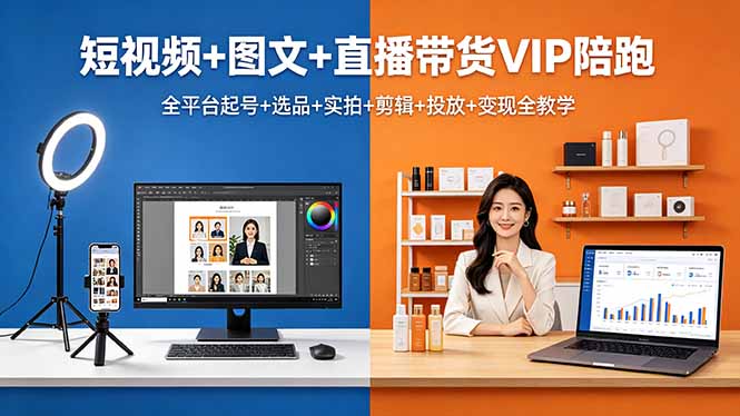 短视频+图文+直播带货VIP陪跑，全平台起号+选品+实拍+剪辑+投放+变现全教学-轻资本网