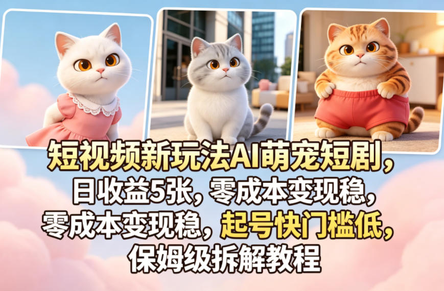 短视频新玩法AI萌宠短剧，日收益5张，零成本变现稳，起号快门槛低，保姆级拆解教程-轻资本网