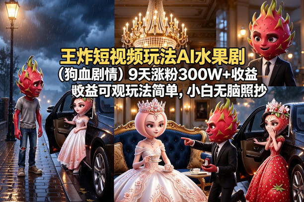 王炸短视频玩法AI水果剧(狗血剧情)9天涨粉300W+收益可观玩法简单，小白无脑照抄，详细拆解玩法-轻资本网