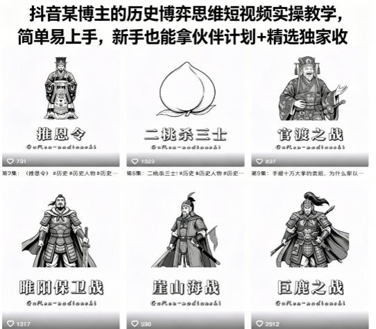 抖音某博主的历史博弈思维短视频实操教学，简单易上手，新手也能拿伙伴计划+精选独家收益-轻资本网