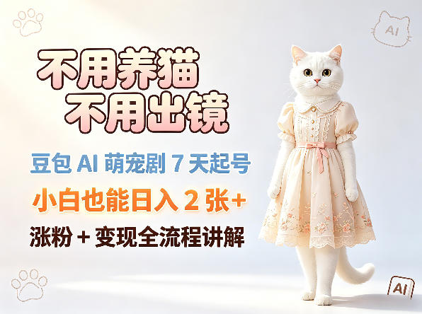 不用养猫不用出镜，豆包AI萌宠剧7天起号，小白也能日入2张+，涨粉+变现全流程讲解-轻资本网