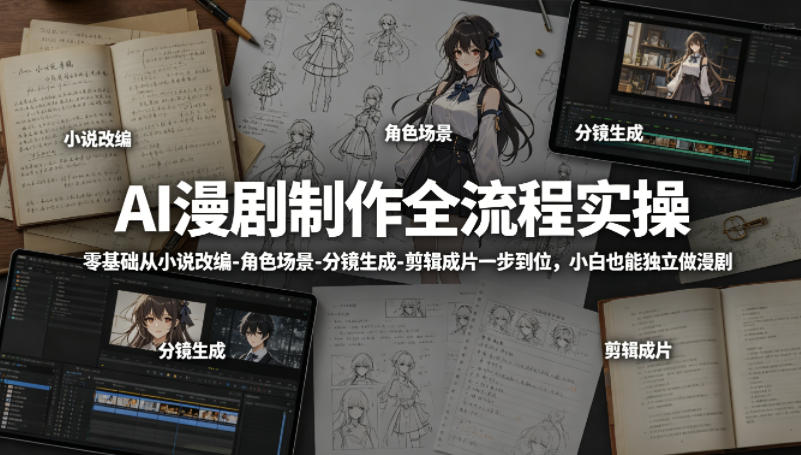 AI漫剧制作全流程实操，零基础从小说改编-角色场景-分镜生成-剪辑成片一步到位，小白也能独立做漫剧-轻资本网