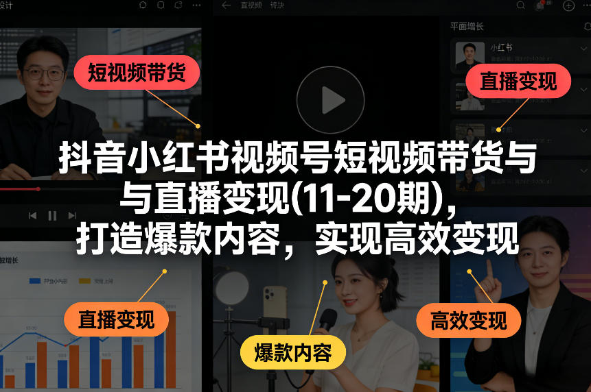 抖音小红书视频号短视频带货与直播变现(10-21期)，打造爆款内容，实现高效变现(更新05月08日)-轻资本网