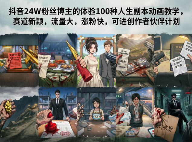 抖音24W粉丝博主的体验100种人生副本动画教学，赛道新颖，流量大，涨粉快，可进创作者伙伴计划-轻资本网
