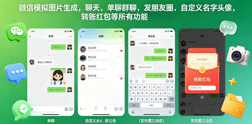 微信模拟图片生成，聊天，单聊群聊，发朋友圈，自定义名字头像，转账红包等所有功能都可以生成-轻资本网