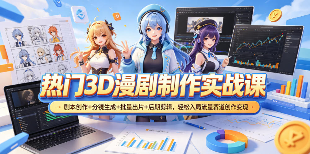 热门3D漫剧制作实战课，剧本创作+分镜生成+批量出片+后期剪辑，轻松入局流量赛道创作变现-轻资本网