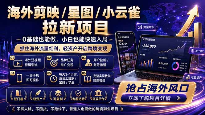 海外剪映 / 星图 / 小云雀拉新项目 普通人也能上手的跨境流量变现副业-轻资本网