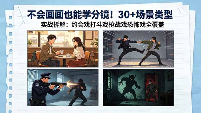 不会画画也能学分镜！30+场景类型实战拆解：约会戏打斗戏枪战戏恐怖戏全覆盖-轻资本网