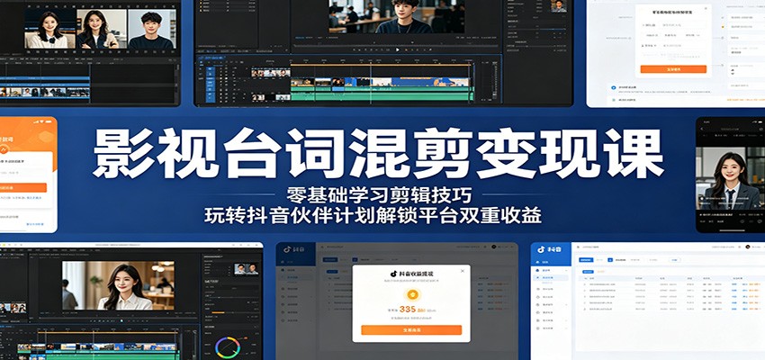 影视台词混剪变现课:零基础学习剪辑技巧,玩转抖音伙伴计划解锁平台双重收益-轻资本网