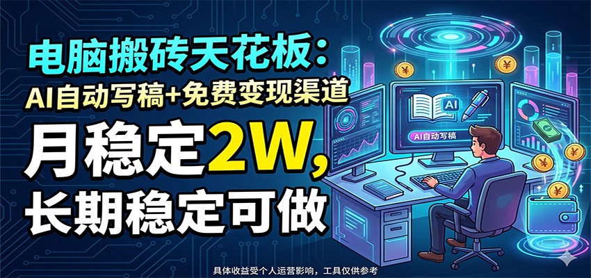 电脑搬砖天花板：AI自动写稿+免费变现渠道，月稳定2W，长期稳定可做-轻资本网